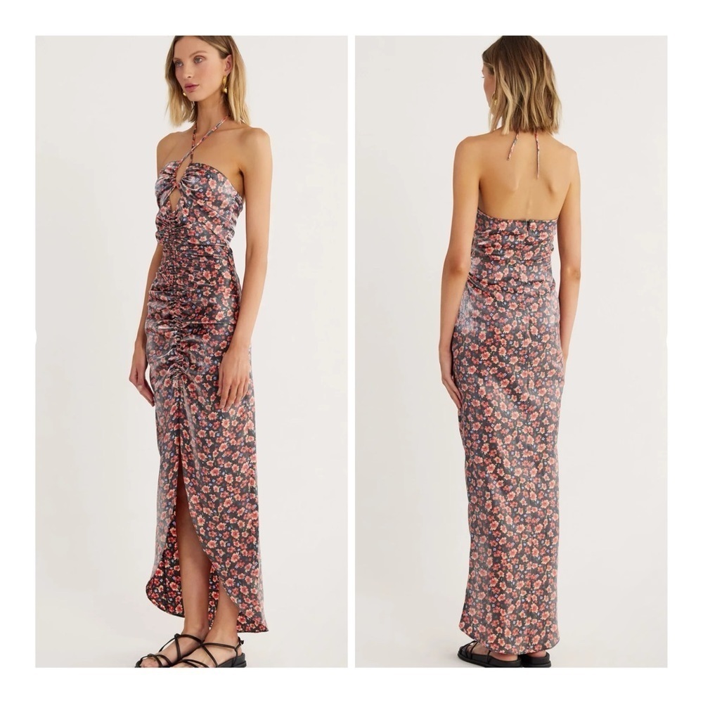Rumer Romantic Vintage Vacay Vibes Halter Shimmery Floral Maxi Dress S